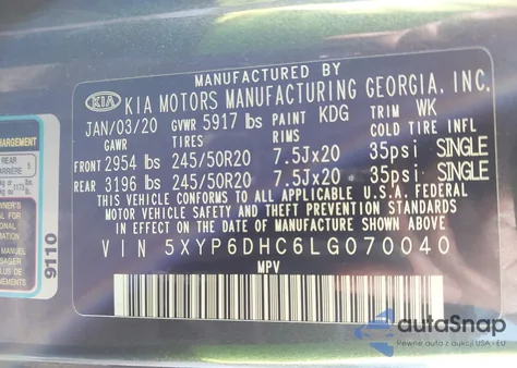 2020 Kia Telluride S z USA, uszkodzony, nr VIN 5XYP6DHC6LG070040